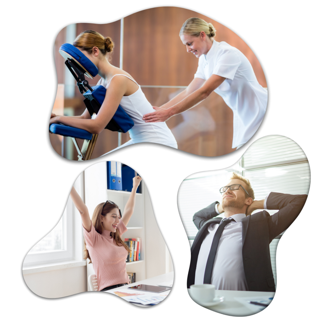 Quick Massage para feiras e eventos, empresas ou departamentos. Aumenta a produtividade, Alivia a tensão muscular, Melhora da circulação sanguínea, Alívio de dores, Melhora o humor, Restabelece a disposição, Reduz a ansiedade e irritação.